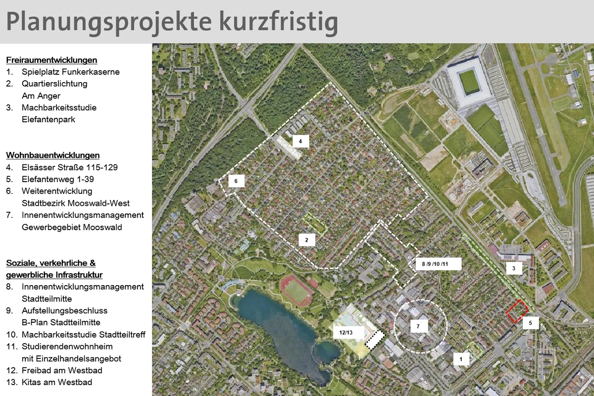 Planungsprojekte „Kurzfristige Prioritäten“ des städtebaulichen Rahmenkonzepts „Stadtteil Mooswald“