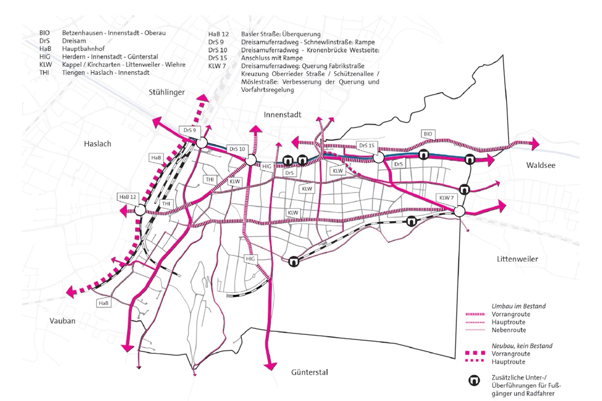 Planzeichnung von Wiehre und Oberau mit Radverkehrs-Routen