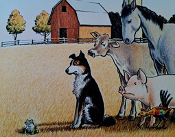 Buchauszug: Ein Frosch, ein Hund, eine Kuh, ein Schwein, ein Esel und ein Hahn stehen vor einem Bauernhof.
