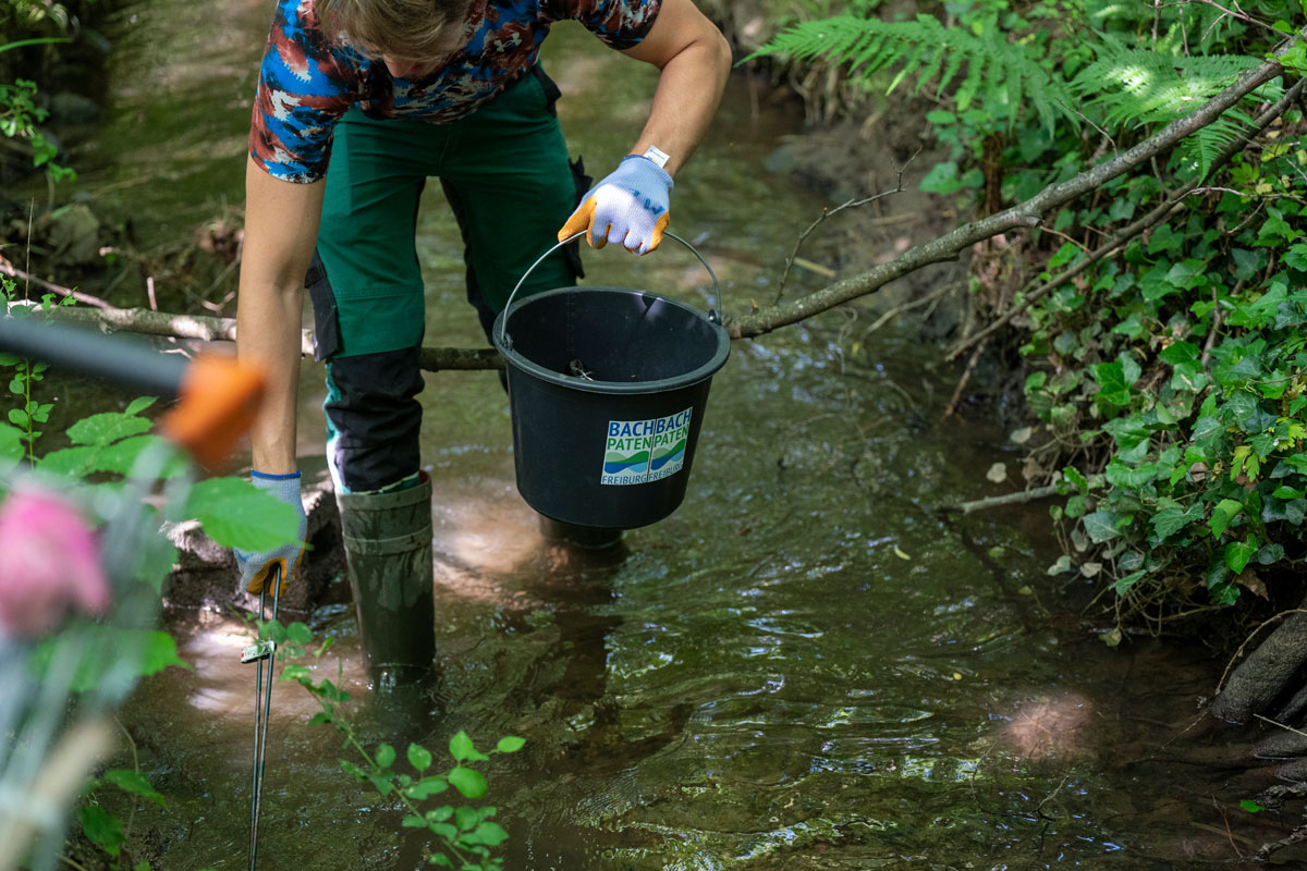 Ehrenamtlicher sammelt Müll im Bach
