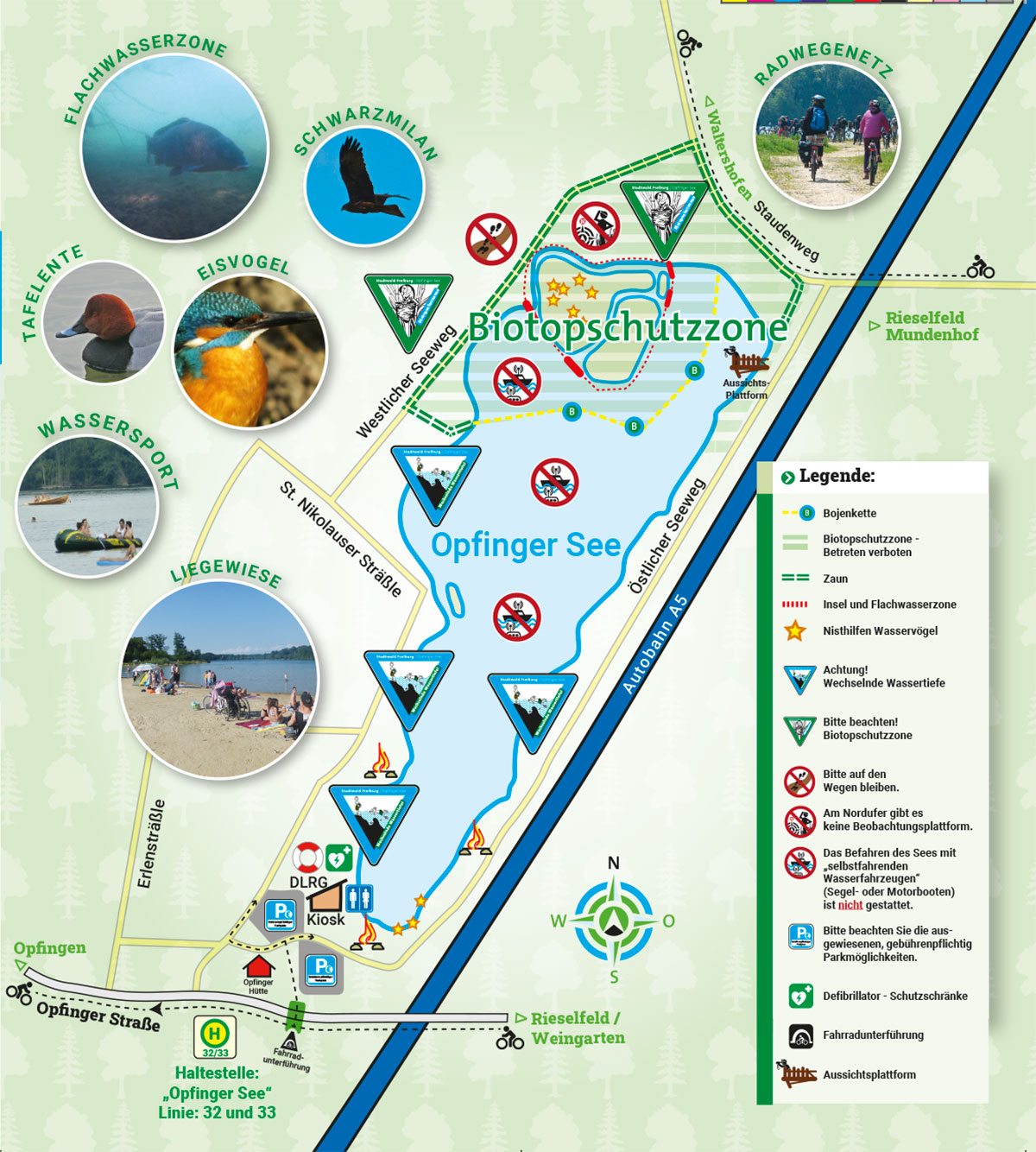 Karte des Opfinger Sees mit Piktogrammen zu den einzelnen Zonen