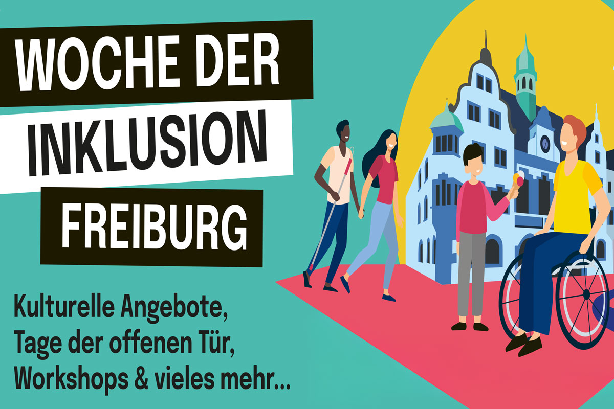 Bunte Grafik mit Text: "Woche der Inklusion – Kulturelle Angebote, Tage der offenen Tür, Workshops & vieles mehr..."