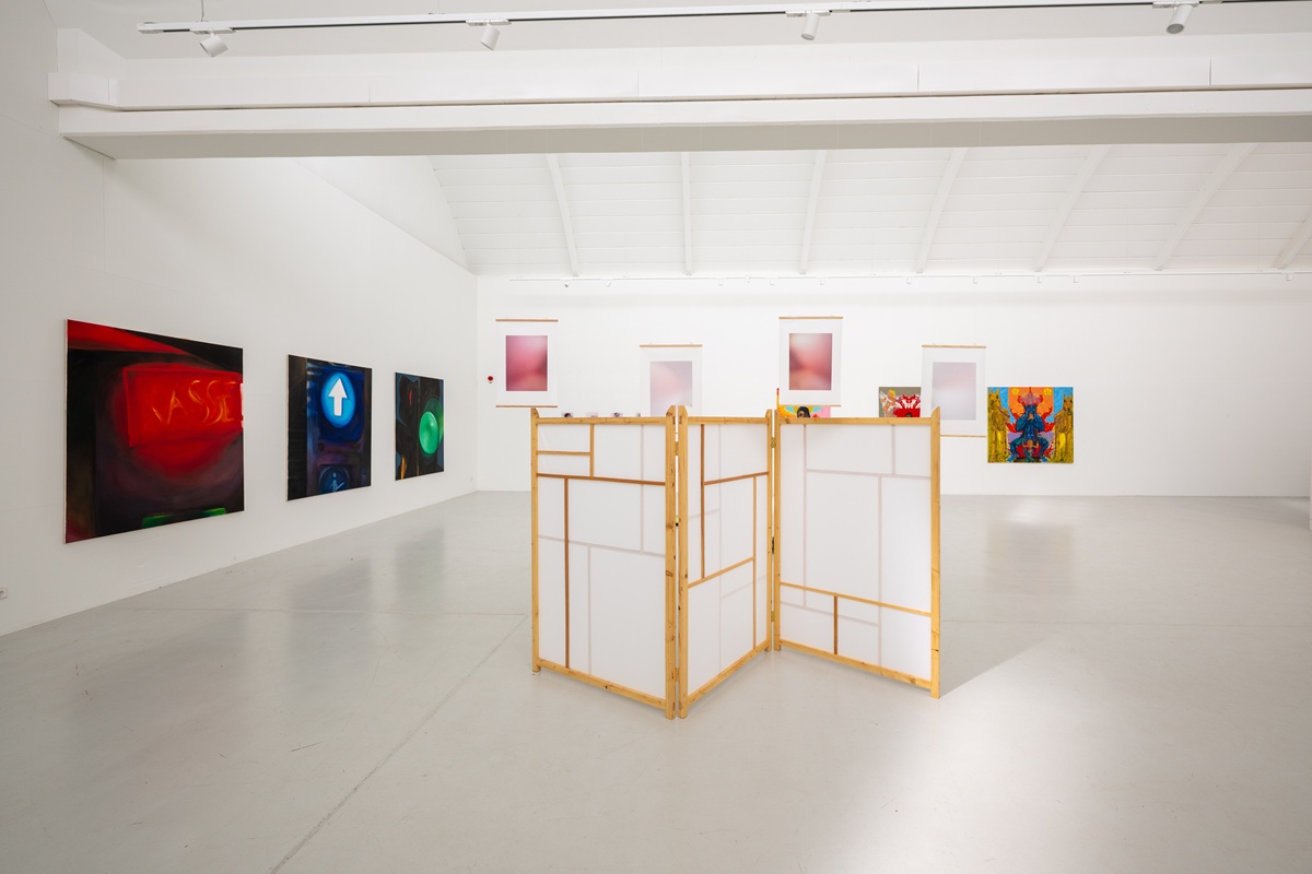 Ausstellungsansicht: Vordergrund Installation von Luca Conzelmann (Paravent und Fotografien), Hintergrund Malereien von Juliane Scherer ( sie zeigen eine Kasse, Rolltreppe, Ampel), Malereien von Lena Kastelberger (diese zeigen Babys) und Malereien von Marcel Zetsch ( sehr kräftige Farben mit Anleihen an christliche Motivik)