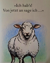 Buchauszug: Vier Schafe auf einer Seite, zwei sitzen auf einem Heuballen. Eines hat eine Glühbirne über dem Kopf.