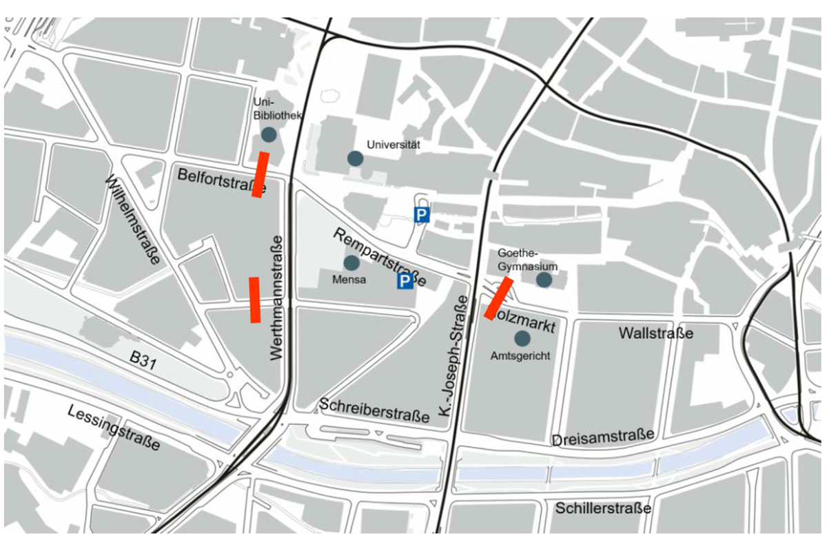 Karte: Bereich Rempartstraße mit Einzeichnungen wie in Überschrift