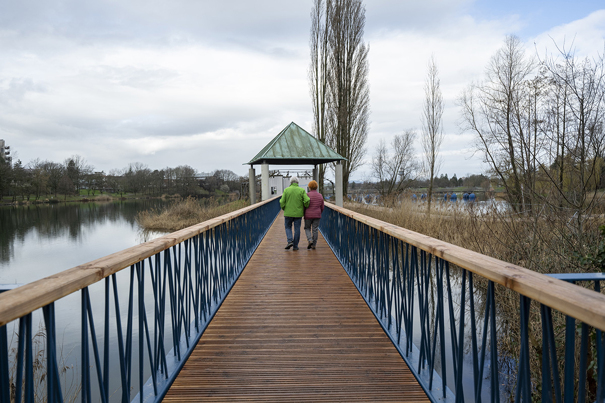 Steg aus Holz und Stahl; Verbindet östliches Ufer des Flückigersees mit der Pontonbrücke