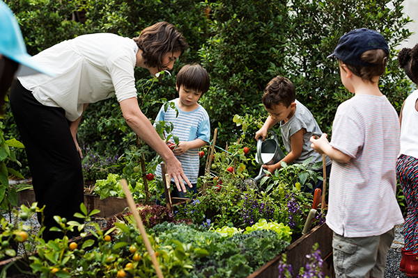 Kinder pflanzen Gemüse in einem Hochbeet an