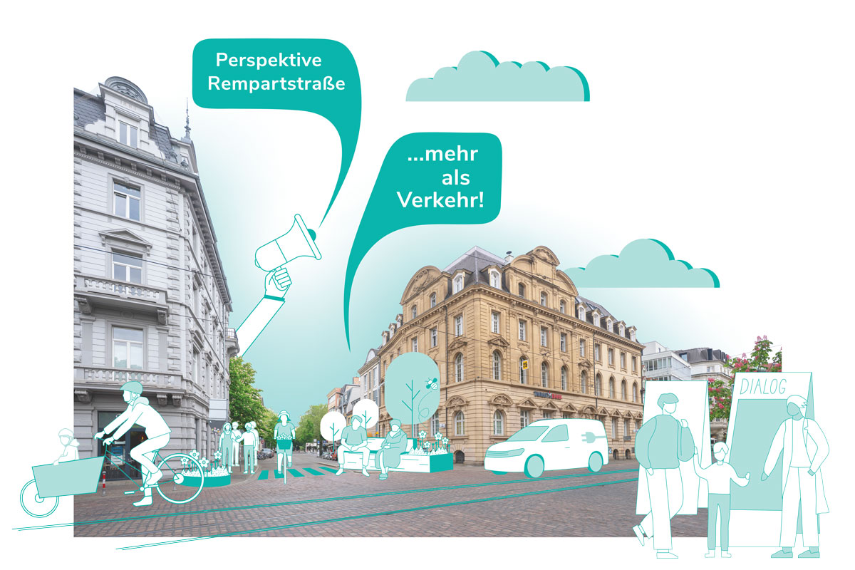 Ecke Rempartstraße / Holzmarkt als Bildgrafik mit gezeichneten Menschen