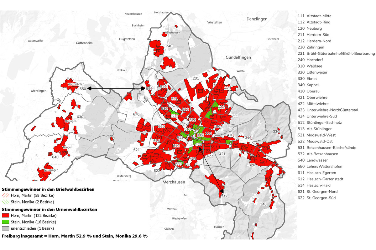 Katte von Freiburg mit fast ausschließlich rot gefärbten Stadtteilen