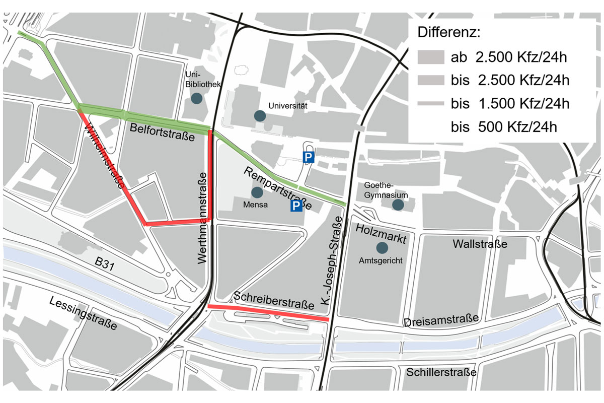 Karte: Bereich Rempartstraße mit Einzeichnungen wie in Überschrift