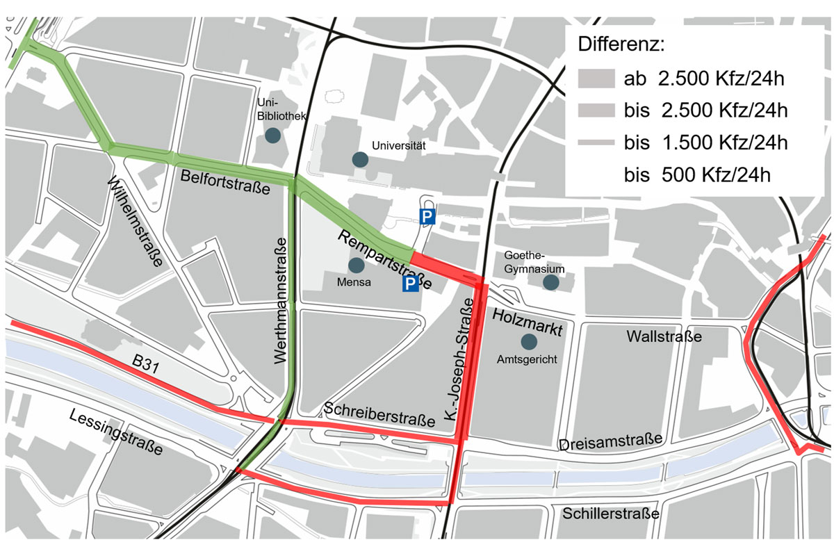 Karte: Bereich Rempartstraße mit Einzeichnungen wie in Überschrift
