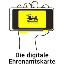 Gezeichnete Hand, die ein Handy hält, auf dem die Ehrenamtskarte abgebildet ist
