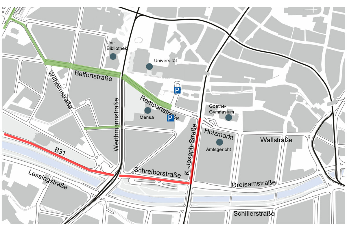 Karte: Bereich Rempartstraße mit Einzeichnungen wie in Überschrift