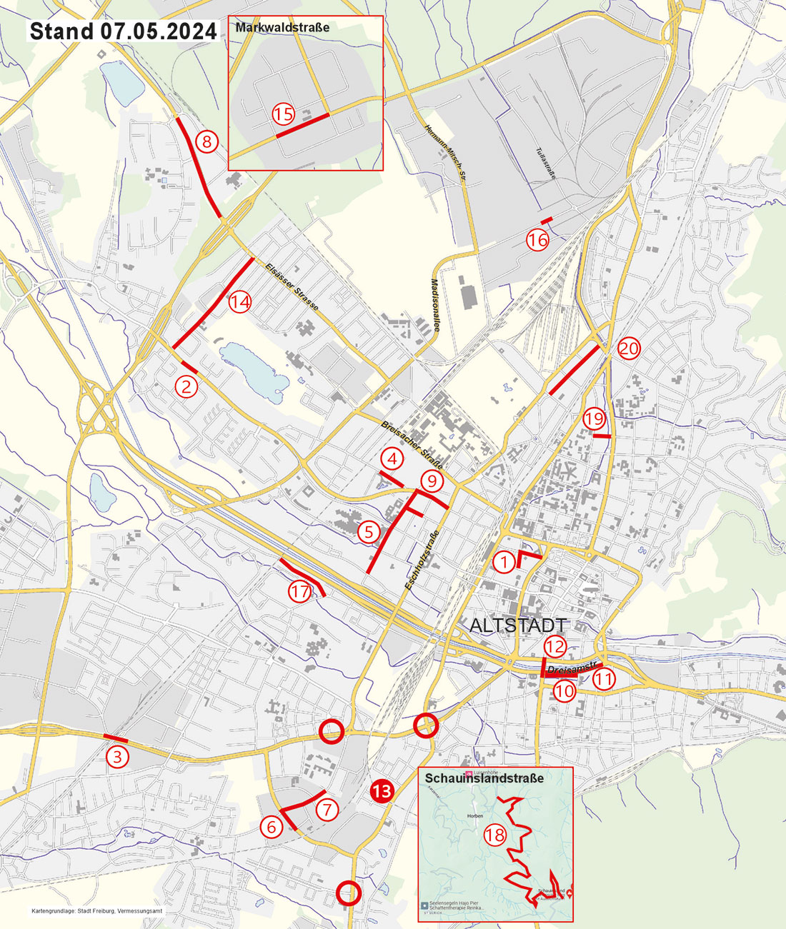 Karte mit eingezeichneten Baustellen in Freiburg