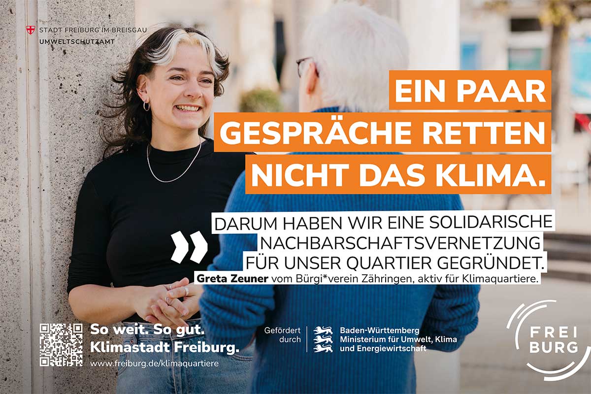 Zwei Menschen im Gespräch mit dem Claim: Ein paar Gespräche retten nicht das Klima. Darum haben wir eine solidarische Nachbarschaftsvernetzung für unser Quartier gegründet.