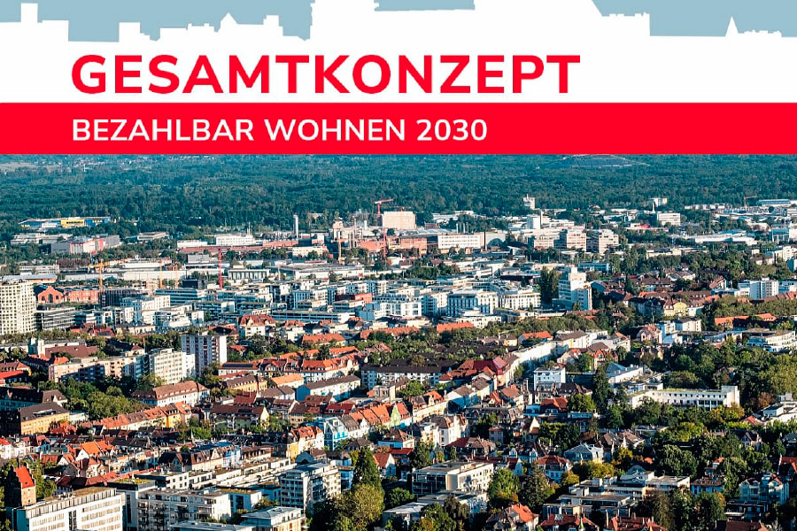 Stadtansicht mit Schriftzug "Bezahlbar Wohnen 2030"