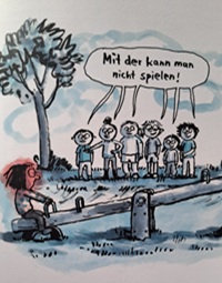 Buchauszug: Anna auf der Wippe, die anderen Kinder wollen nicht mit ihr spielen.