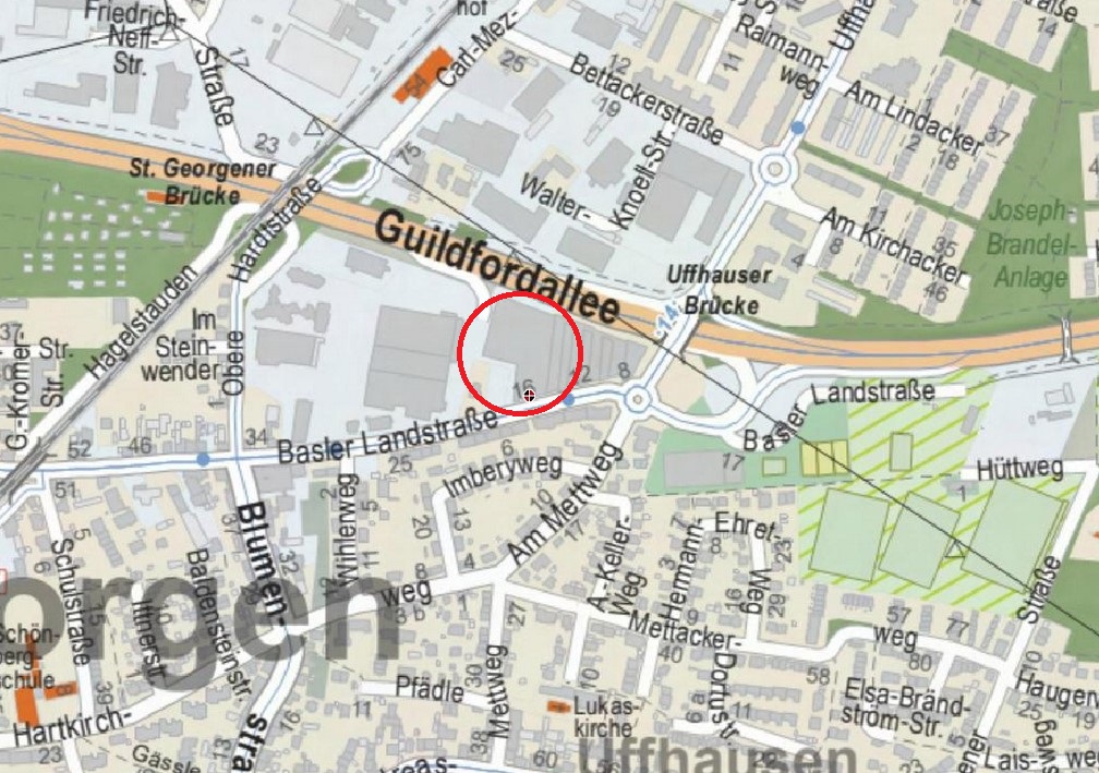 Karte die eine Übersicht über die Baslerstraße in Freiburg gibt und den Stadtort des OMI-Marktes