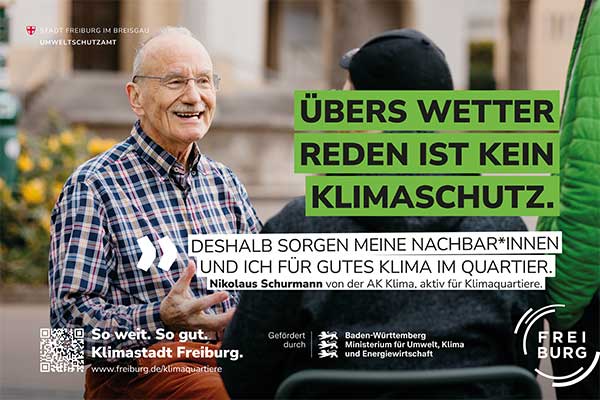 Zwei Männer im Gespräch mit dem Claim: Übers Wetter reden ist kein Klimaschutz. Deshalb sorgen meine Nachbar*innen und ich für gutes Klima im Quartier