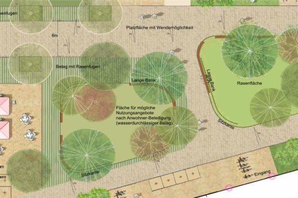 Öffentliche Freiräume im neuen Stadtteil Dietenbach Farbige Planzeichnung einer Platzgestaltung mit Bereichen für Rasen, Bäume und Straßen