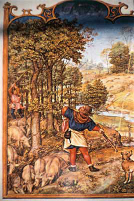 Historische Darstellung der  Schweinemast im Mittelwald