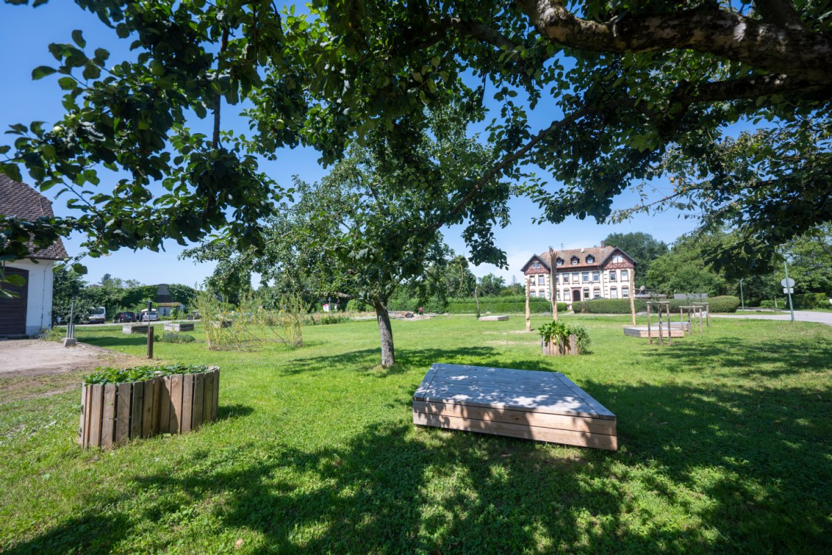 Großansicht Zukunftsgarten mit Sitzbänken, Hochbeeten und Bäumen.