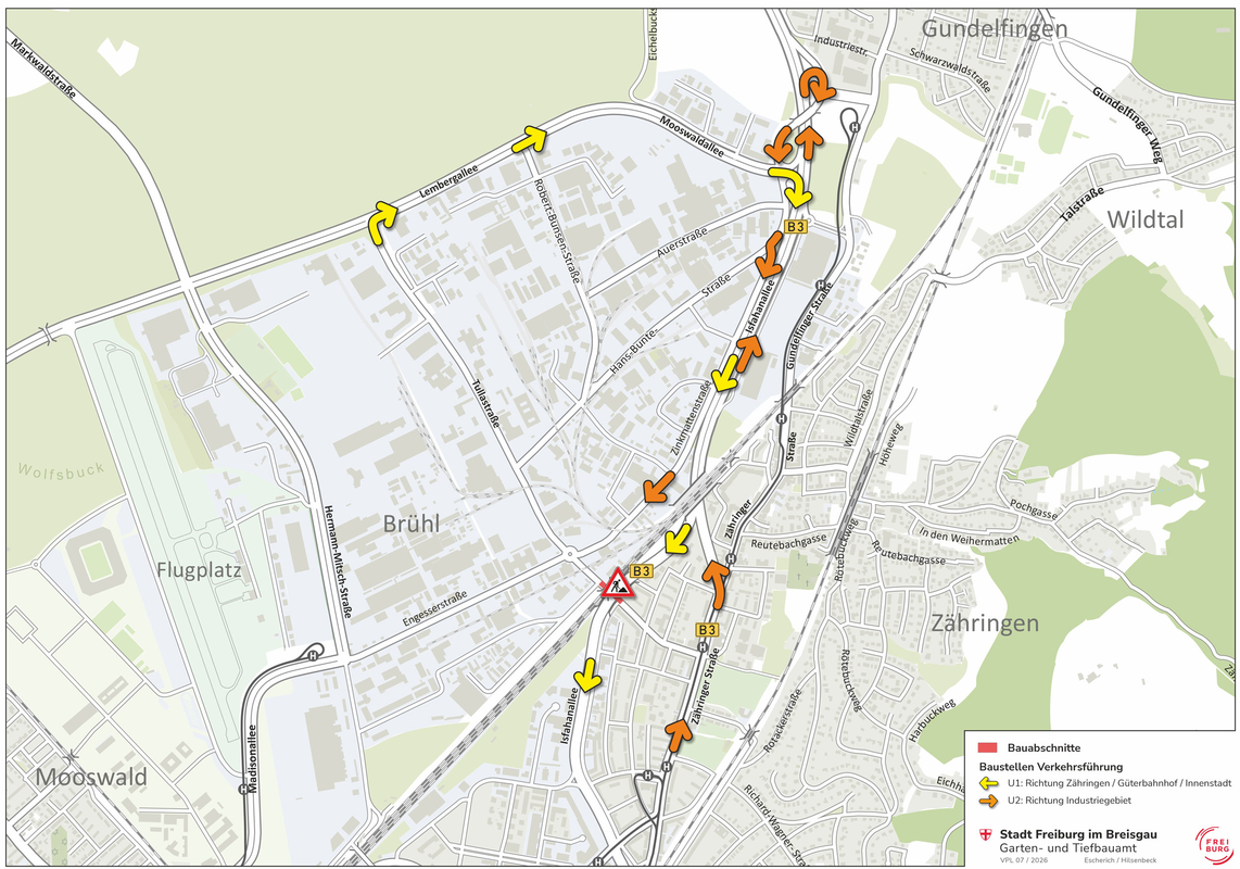 Grafik der Umleitungen zur Sanierung der Tullastraße-Ost