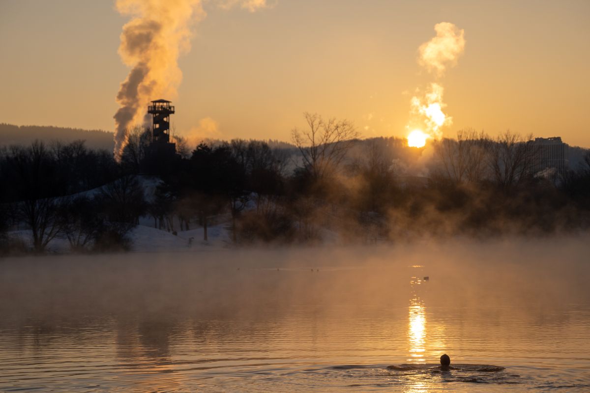Frau schwimmt im Winter im Flückiger See
