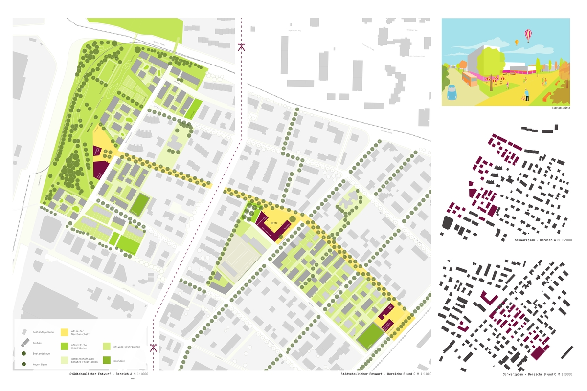 Städtebauliche Entwürfe für die drei Vertiefungsbereiche (Bild: Metris Architekten und Stadtplaner)