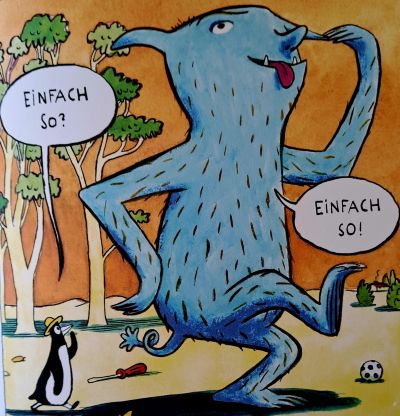 Illustration mit dem Ram-Tam-Tier und dem Pinguin