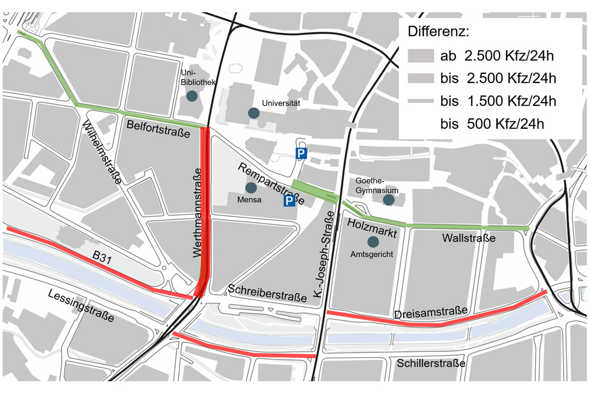 Karte: Bereich Rempartstraße mit Einzeichnungen wie in Überschrift