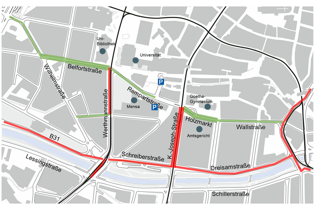 Karte: Bereich Rempartstraße mit Einzeichnungen wie in Überschrift