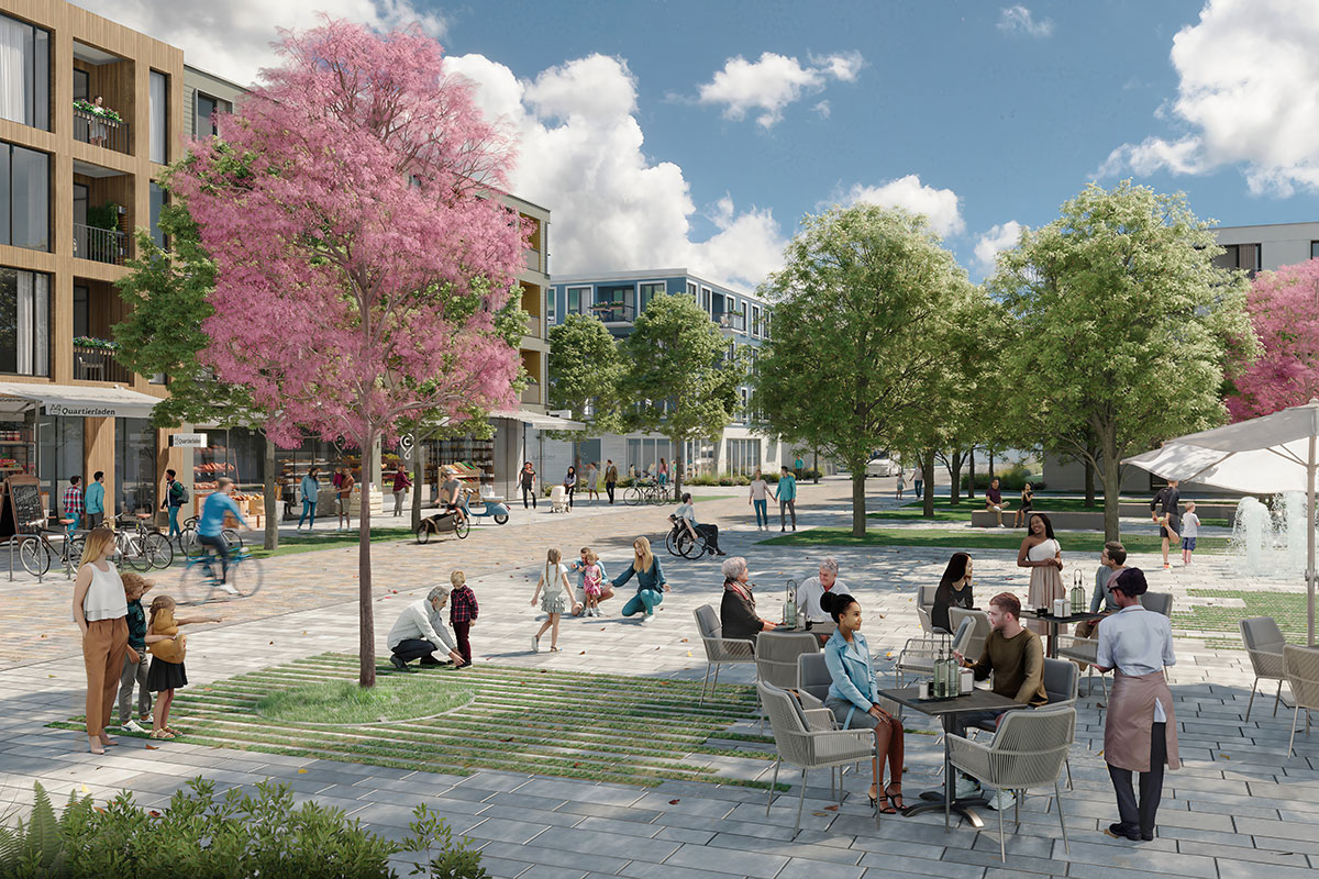 Modell eines Platzes mit Bäumen und umstehenden Häusern