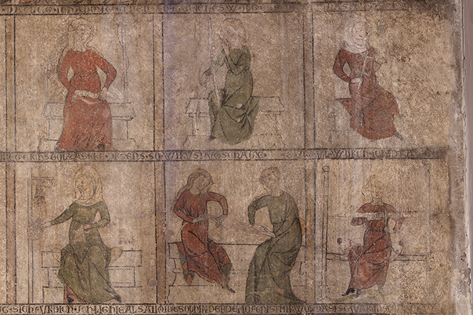 Frauen beim Weben und Kinder beim Spulen