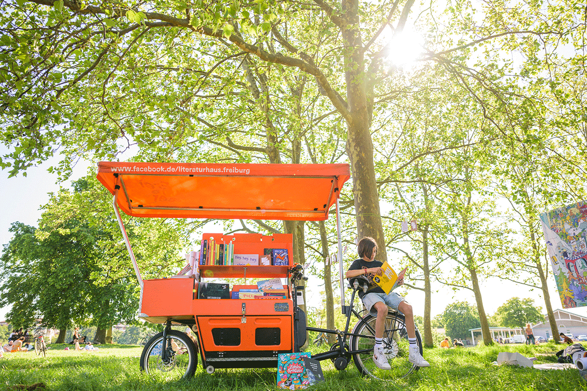 Lastenrad mit Sonnendach und Büchern, lesender Junge, im Hintergrund Bäume