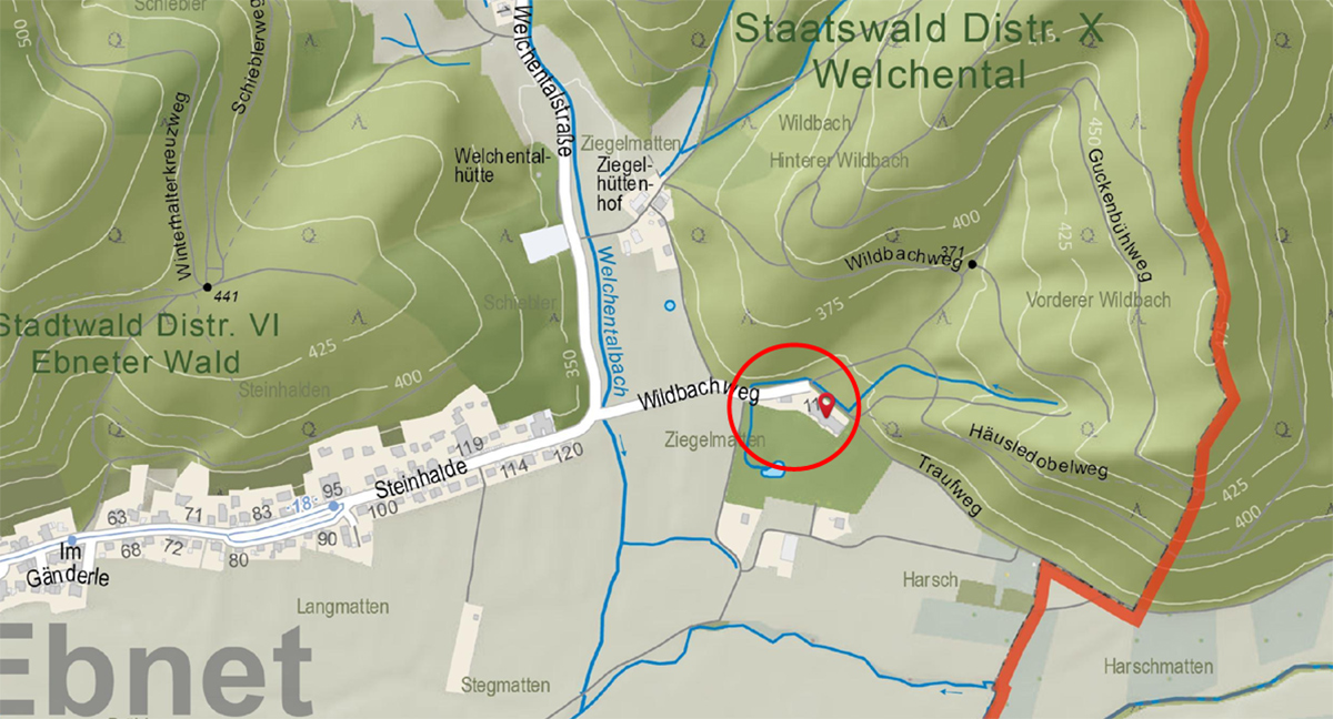Ausschnitt aus dem Stadtplan: Markiert ist die illa Mez im Wildbachweg 11