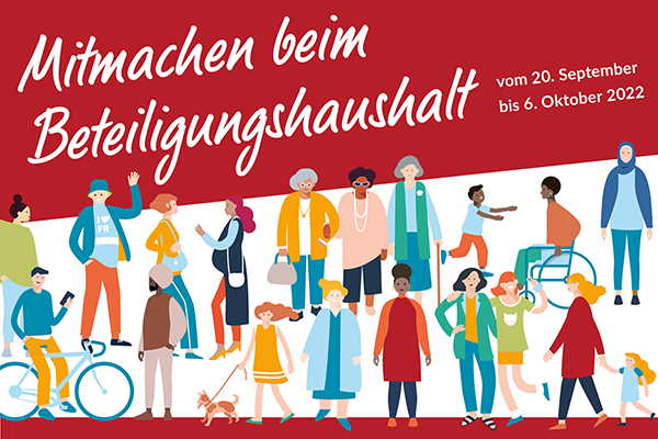 Plakat zum Beteiligungshaushalt, diversefarbig gezeichnete Menschen. Text: "Wir machen mit"