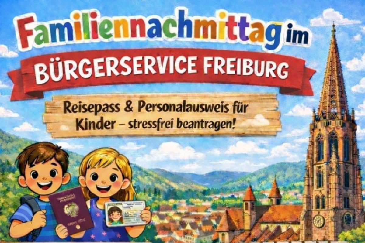 gemaltes Bild mit Münster und zwei Kindern, die einen Ausweis hochalten. Text: Familiennachmittag im Bürgerservice