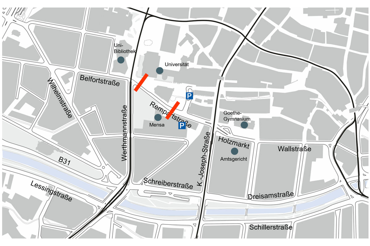 Karte: Bereich Rempartstraße mit Einzeichnungen wie in Überschrift