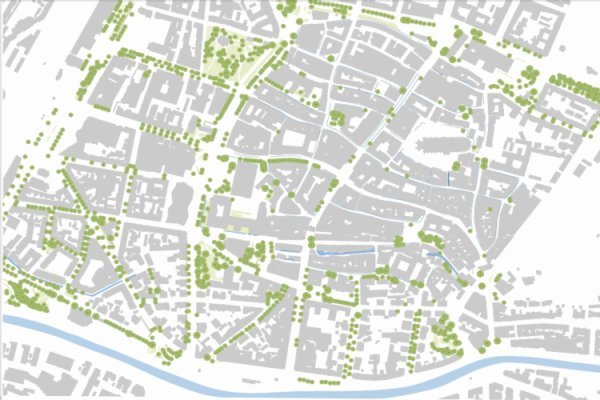 Begrünungs- und Aufenthaltskonzept Innenstadt Grünflächen und Bäume auf grau dargestelltem Innenstadt Grundriß