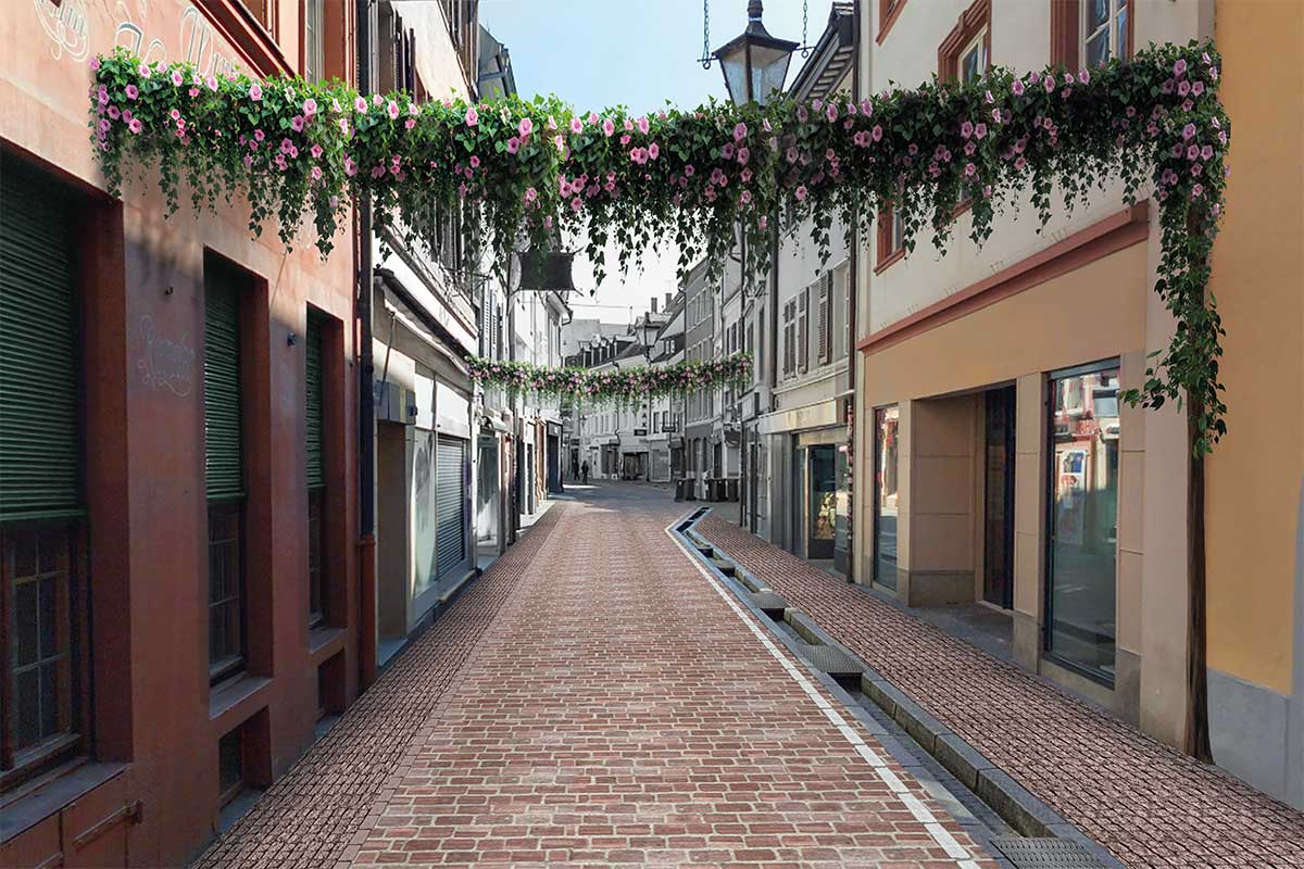 Grafik der neuen Rathausgasse mit grünen Fassaden und Leitungen.