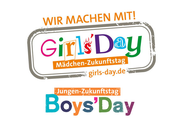 Logo Girls'- und Boys'Day mit Schirftzug: Wir machen mit! GirlsDay, Mädchenzukunftstag; girls-day.de