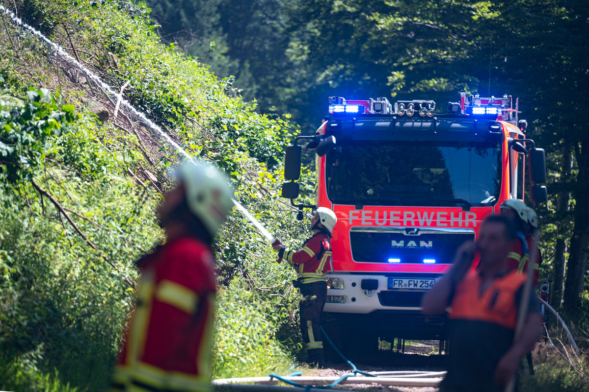 Die Feuerwehr löscht einen Brand im Wald