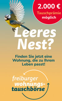 Plakat: Wohnungtauschbörse, Text: Leeres Nest? Finden Sie jetzt eine Wohnung, die zu Ihrem Leben passt! / 2000 Euro Tauschprämie möglich