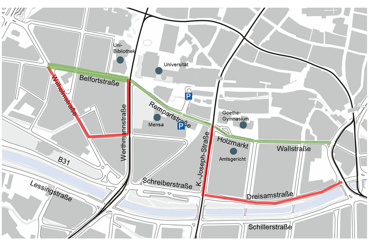 Karte: Bereich Rempartstraße mit Einzeichnungen wie in Überschrift