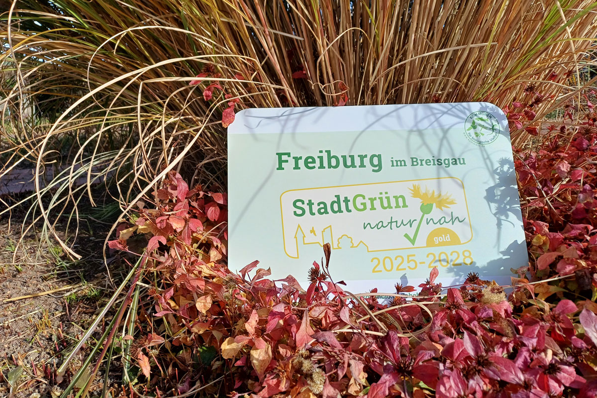 Schild mit Label "Freiburg Stadt Grün" in einer Blumenwiese