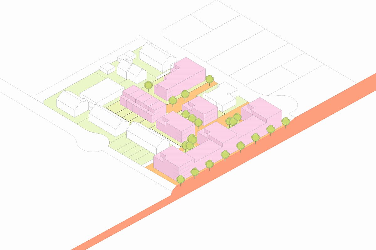 Planzeichnung von schräg oben mit rosa Gebäuden