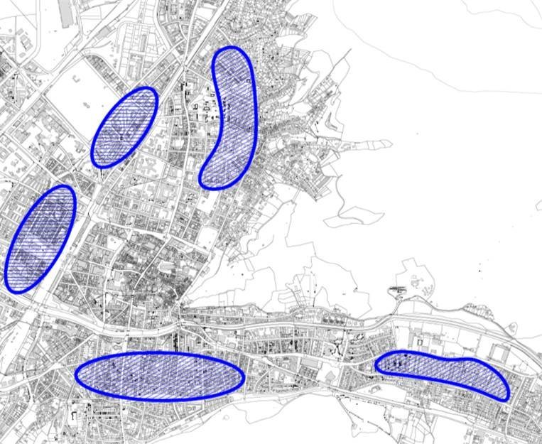 Stadtplan Freiburg mit Markierung 5 verschiedener Bereiche