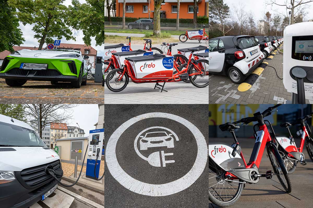Fotocollage mit 6 Kacheln zu elektrobetriebenen Fahrzeugen (Lieferwagen, Lastenrad, Auto, Kehrfahrzeuge)