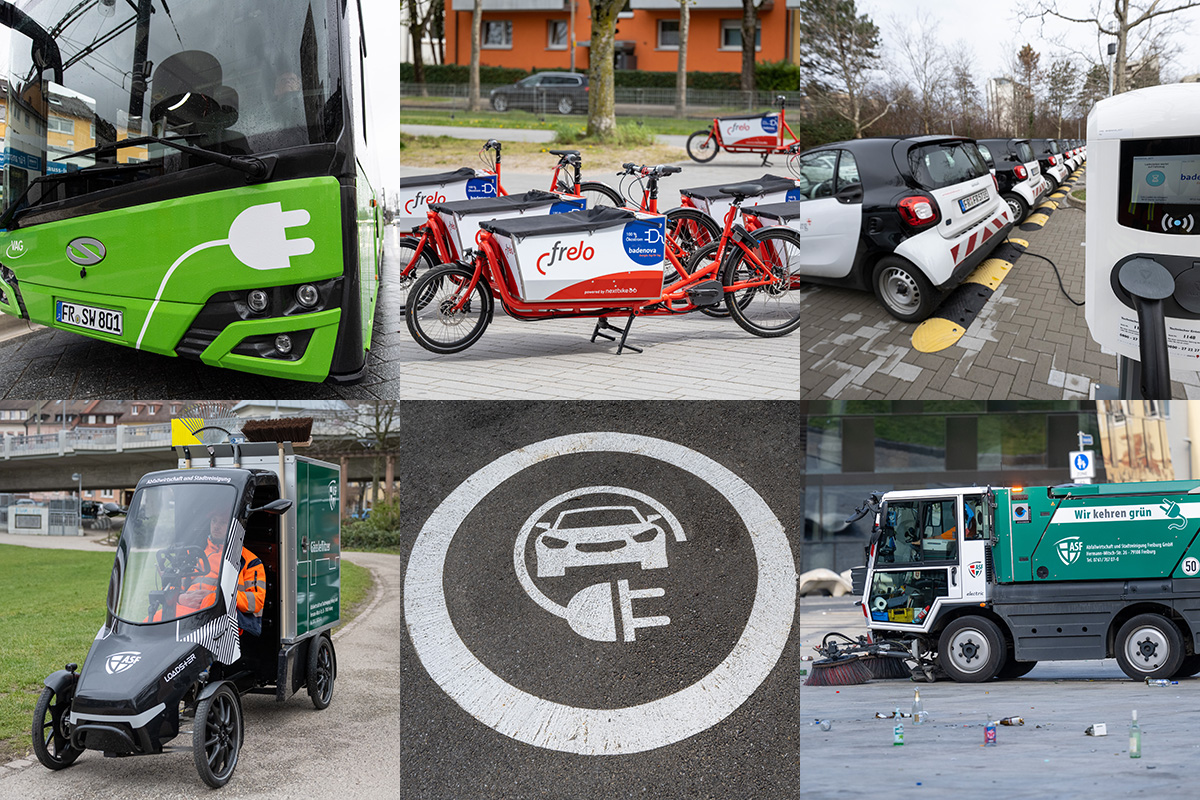Fotocollage mit 6 Kacheln zu elektrobetriebenen Fahrzeugen (Bus, Lastenrad, Auto, Kehrfahrzeuge)